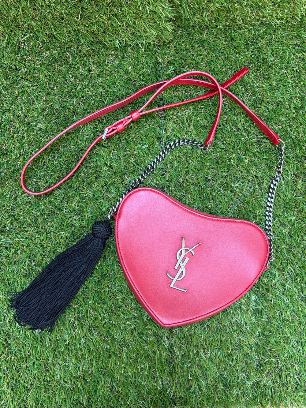 YSL Red Calfskin Monogram Sac Coeur Tassel Crossbody